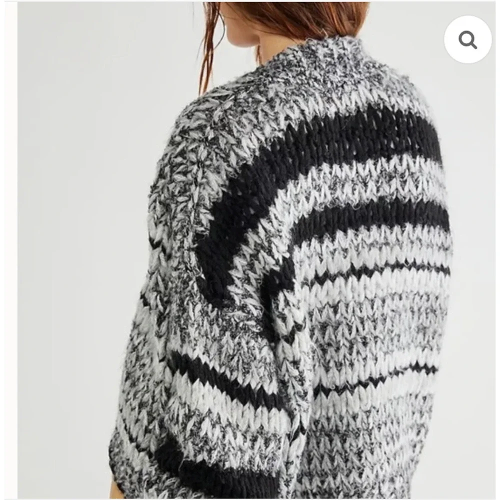 Free People Wanderer Cardigan XS Black White Chunky Knit Wool Sweater Oversized - Picture 3 of 10